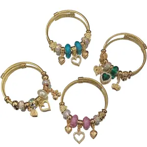 Stainless Steel Crystal Bracelet with Love Pendant, Adjustable Open Cuff Design, Elegant Rhinestone Jewelry for Women’s Daily Wear and Gifting