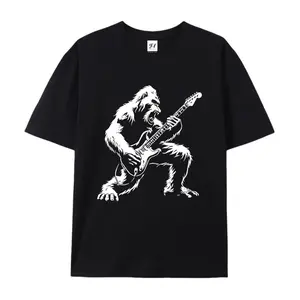 Men's Music Gorilla Playing Electric Guitar T-Shirt - Casual Short Sleeve Round Neck Tee with Digital Print, Loose Fit for all-Season, Casual Attire & Music Lovers