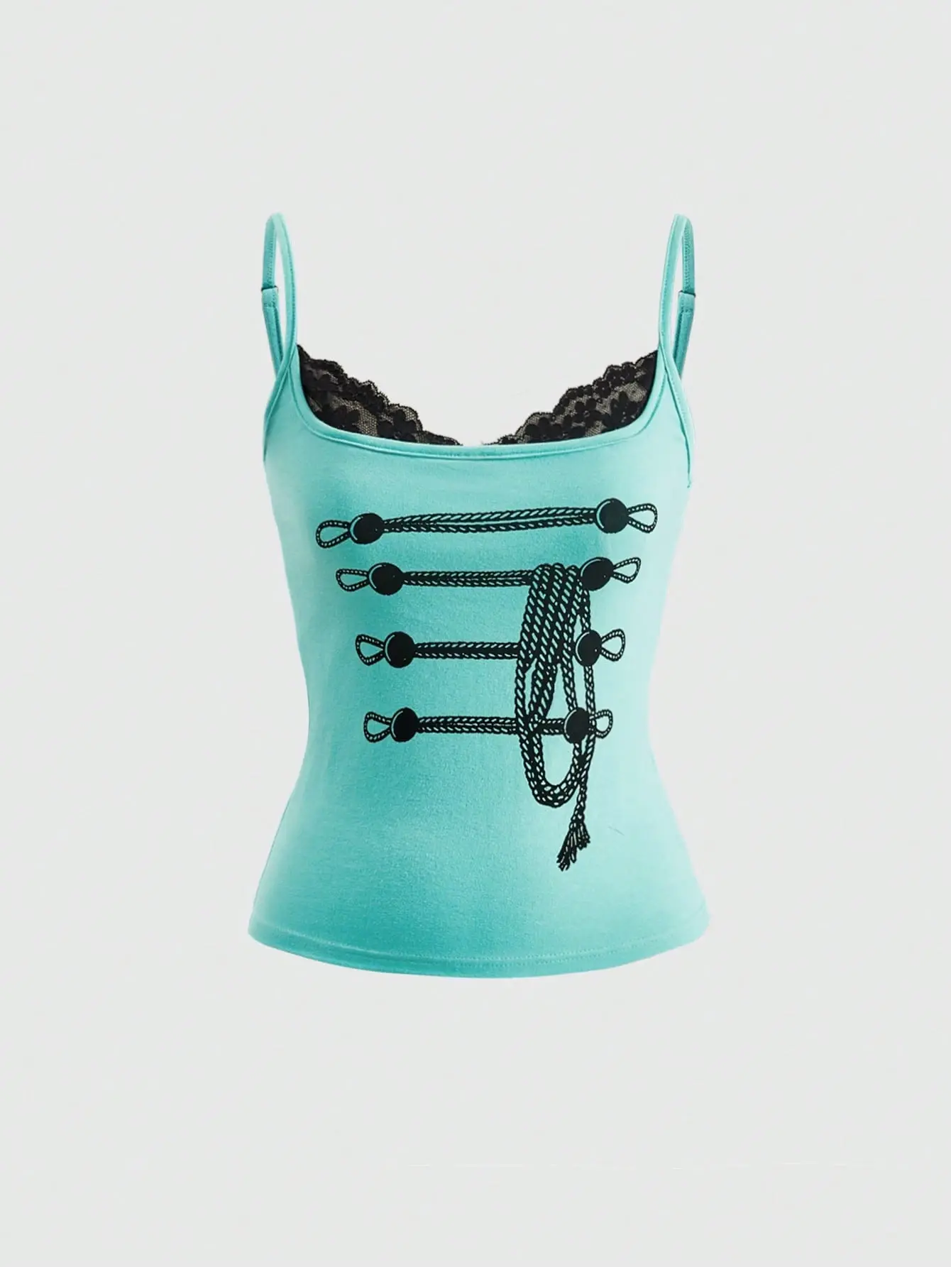 SOUQ Summer Y2K Hot Girl Lace Patchwork 2 In 1 Design Mint Green Napoleon Rope Print Fitted Tank Top