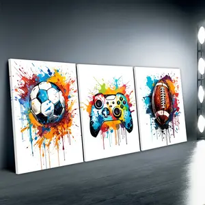 3pcs/Set Wooden Framed, Football Soccer Sport Print Gaming Poster, Set of 3 Football Wall Art Canvas Painting, Watercolor Sport Art Poster Print Wall Pictures, Boy Bedroom Decor Teen Room Gift Gamer Nursery Home Home Decoration