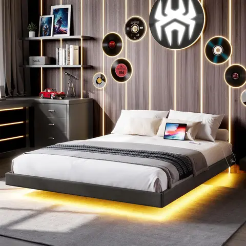 Floating Bed Frame Full/Queen Size with RGB LED Lights and Type-C&USB Ports, Linen Upholstered Platform Bed with Wood Slats Support, No Box Spring Needed,Noise-Free,Easy Assembly,Dark Gray