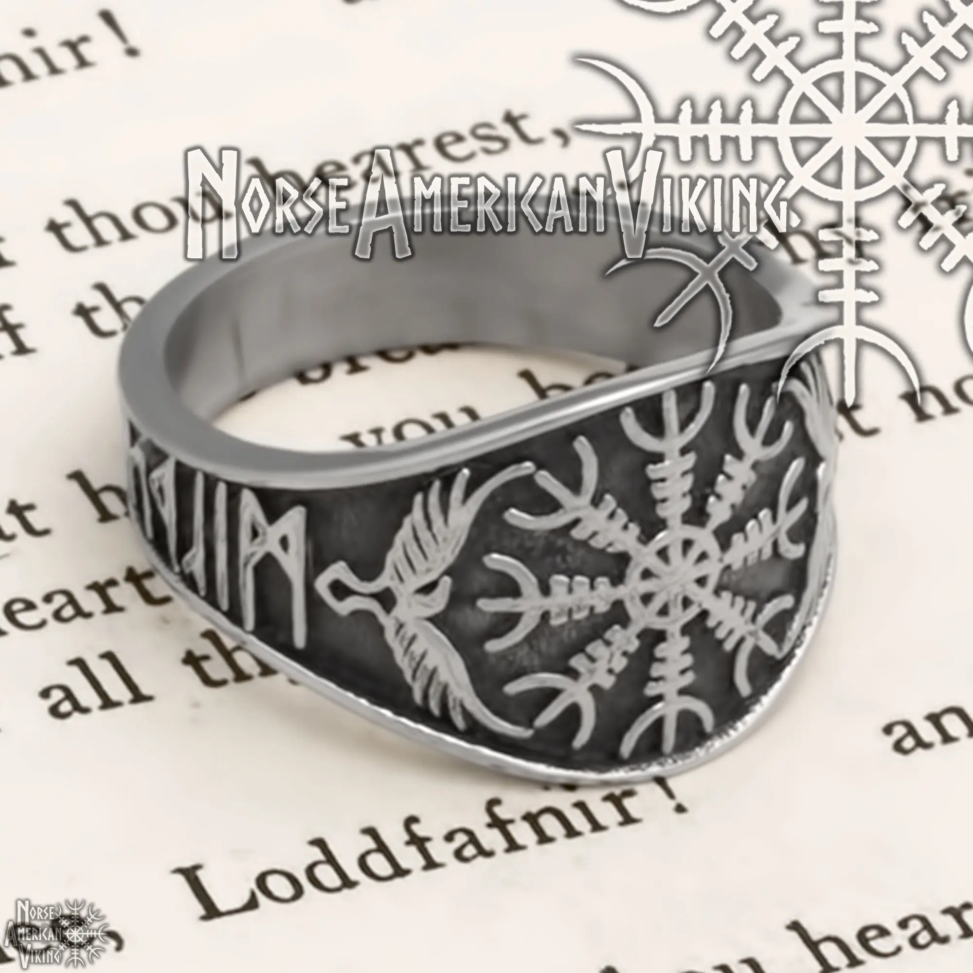 Helm of Awe Raven Rune Viking Ring 316L Stainless Steel
