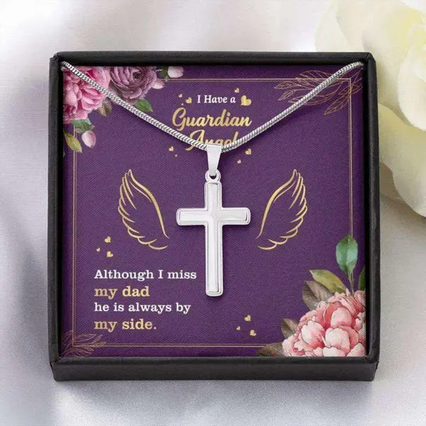 Dad Memorial Necklace, Dad Guardian Angel Gift, Forever Faithful Cross Necklace for Dad, Gift Necklace Message Card for Father