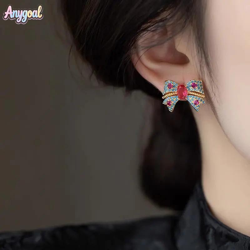 Anygoal Vintage Minimalist Bow Stud Earrings for Women,Gold Tone with Blue Pink Rhinestone Inlay, Hypoallergenic Dainty Ear Jewelry, Lightweight Elegant All-Match Accessories for Daily Wear,Birthday,Holiday Gifting  Perfect Gift for Girlfriend summervibes