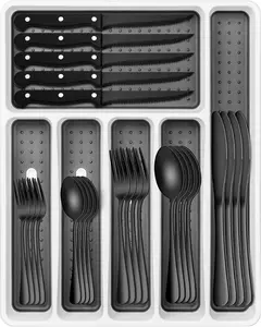 Black Silverware Set, Umite Chef 49-Piece Flatware Set with Drawer Organizer, Durable Stainless Steel Cutlery Set for 8, Tableware Eating Utensils with Steak Knives for Home Restaurant