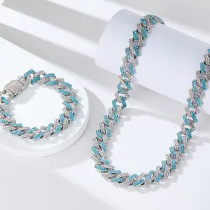 Hip Hop Punk Blue Splicing 10mm Cuban Chain Necklace Bracelet Set Moissanite Iced Out Bling Streetwear Jewelry Set Unisex Trendy Gift