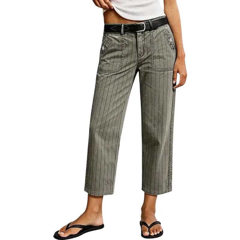 Flamingals Striped Patch Pocket Mid Rise Straight Leg Crop Pants Without Belt Womenswear Stretchy 24" Inseam