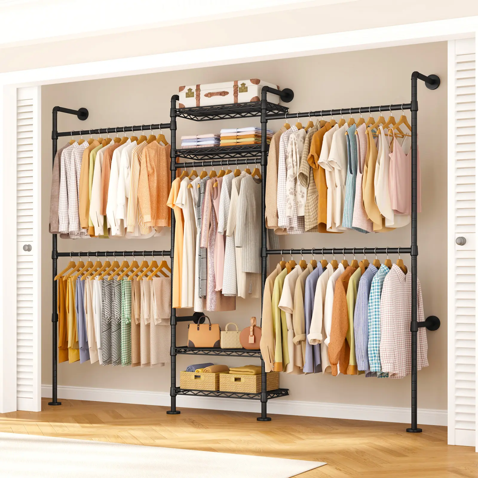 ULIFHOME Heavy Duty Metal Frame Closet Rack - Wall-Mounted Expandable Size (22.4-39.4in) Industrial Pipe Closet Organizer, Garment Storage for Indoor Use in Bedroom, Living Room Furniture,dorm room inspo,college dorm essentials,dorm haul