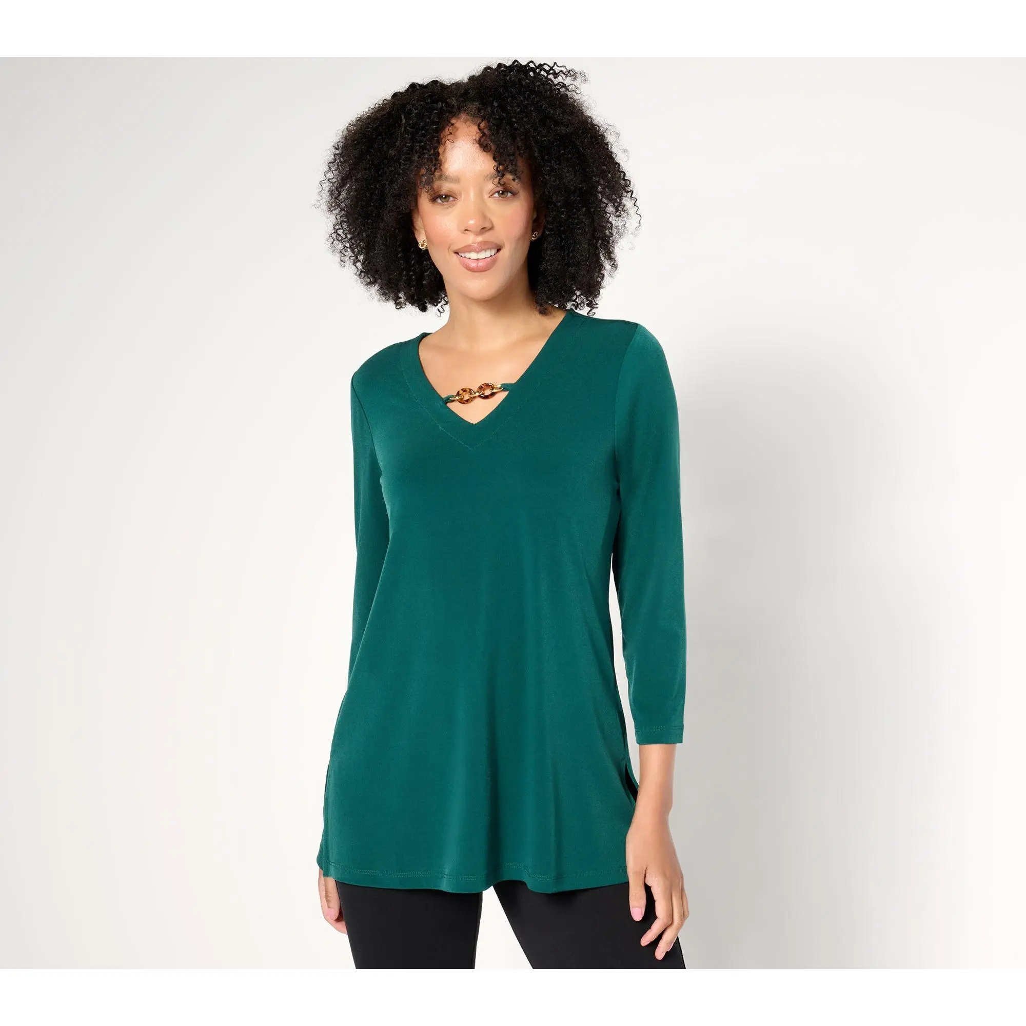 Susan Graver Petite Liquid Knit A-Line Tunic w/ Chain Detail