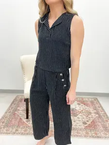 Late Nights Pinstripe Linen Blend Set Black Large