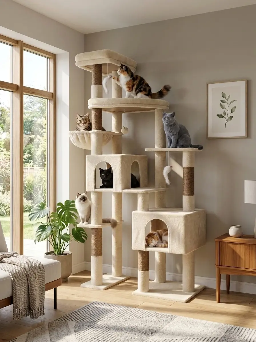 Deskat 78inches  Cat Tree for large cats .  2 Cat condos ; 5 Sisal Posts; 2 Perches; F78c