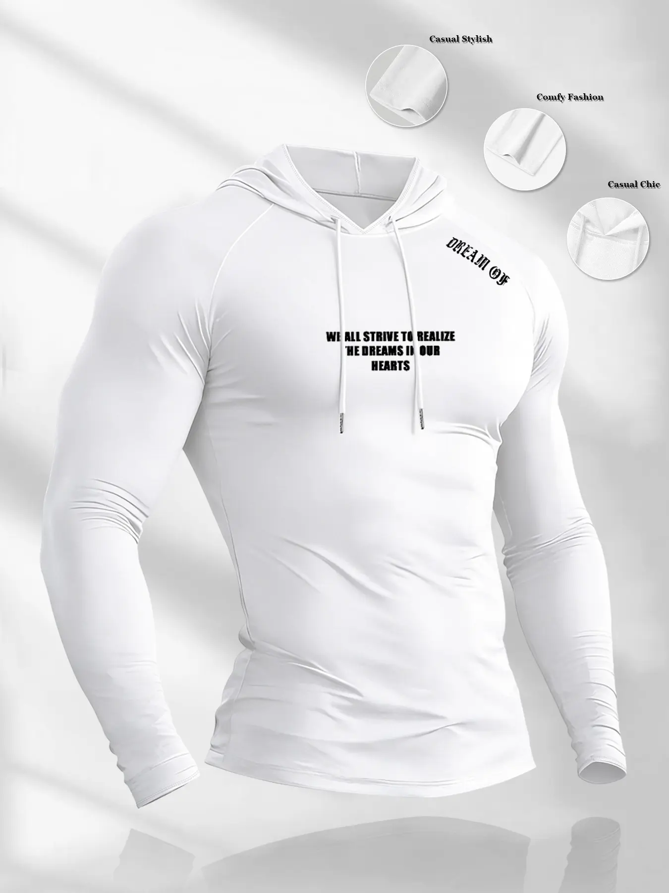 Men's Simple English Letter Print Hooded Long Sleeve T-Shirt, Casual Hoodie, Comfortable Elastic Fabric, Outdoor Fitness Sportswear, Casual Workout Tops, Athletic Hooded Shirts, Casual Fitted Hoodie