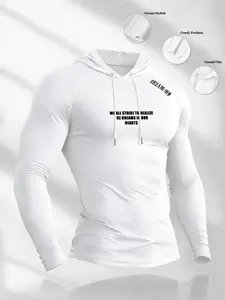 Men's Simple English Letter Print Hooded Long Sleeve T-Shirt, Comfortable Elastic Fabric, Outdoor Fitness Sportswear