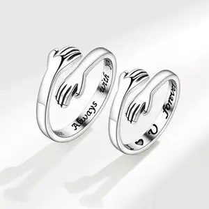 B 2PCS Sicbumi Couple Hug Ring - ALWAYS WITH YOU - Adjustable Ring Jewelry Hugging Hands Open Ring for Women Teen Girls for Men Promise Rings Jewelry Birthday Mothers Day Gifts for Dad Mom Wife Daughters Grandma Best Friend