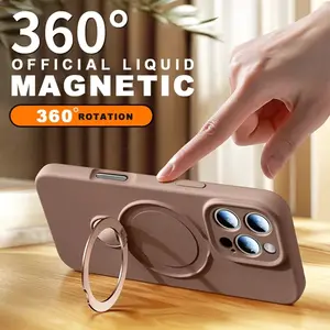 Metal Ring Stand Magnetic Phone Case For iPhone 16 14 15 Plus 13 16 Pro Max Liquid Silicone Magsafe Camera Protector Soft Cover Protection Protective Cellphone Smartphone Casing Shockproof Brown