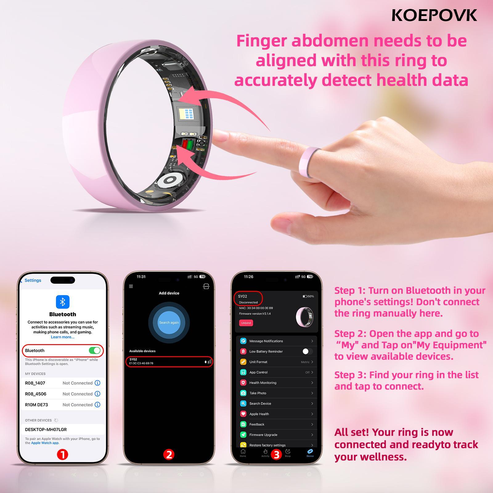 KOEPOKV Ceramic Smart Ring SleepHealth Fitness Tracker Wearable Devices for Women Gift StepCalorie Waterproof Durability Pink Color with Charging Case multifunctional