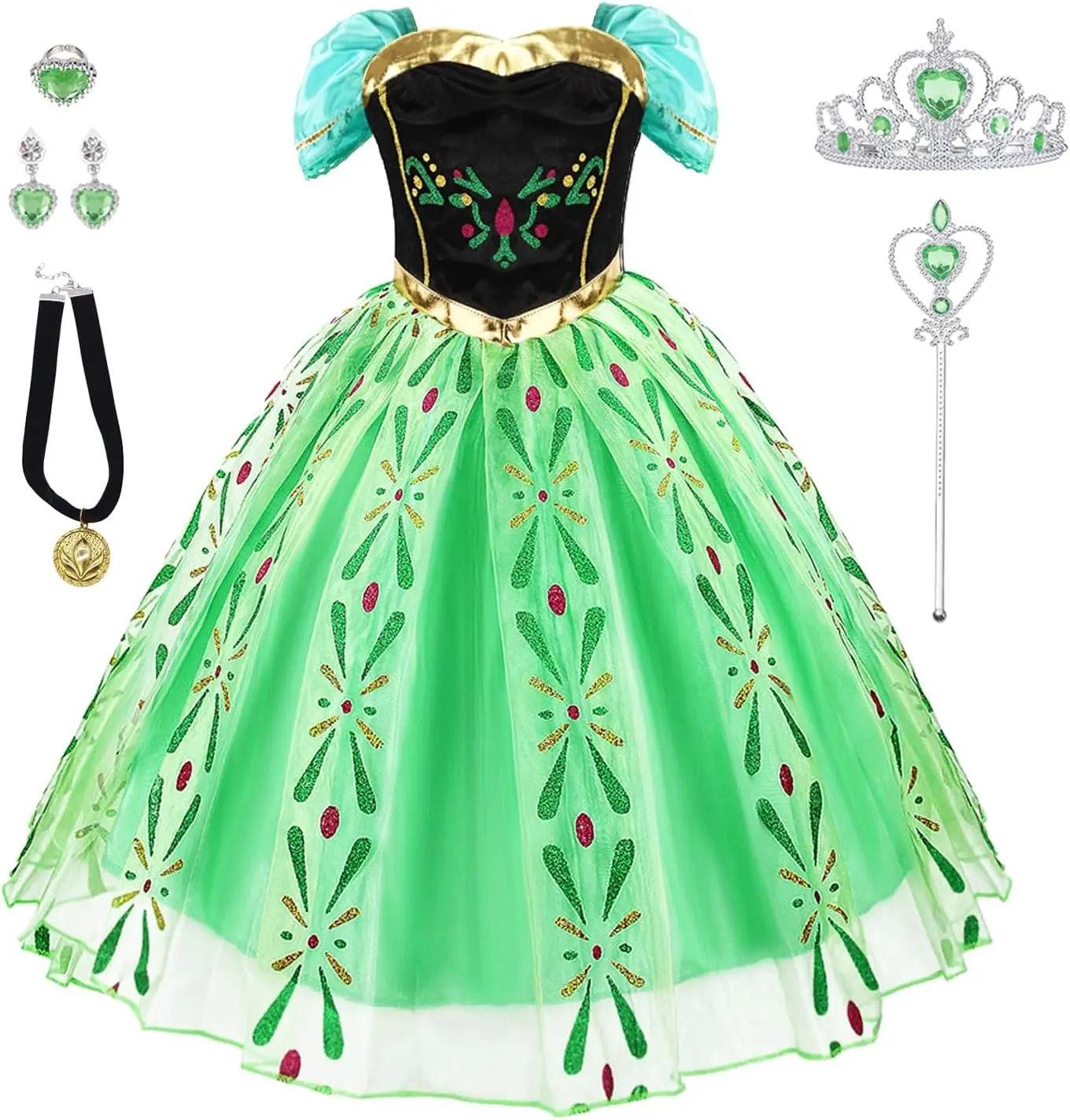 Princess Dress Up for Girls Halloween Cosplay Princess Costume Luxury Green Fancy Dress Christmas Birthday Party Outfit