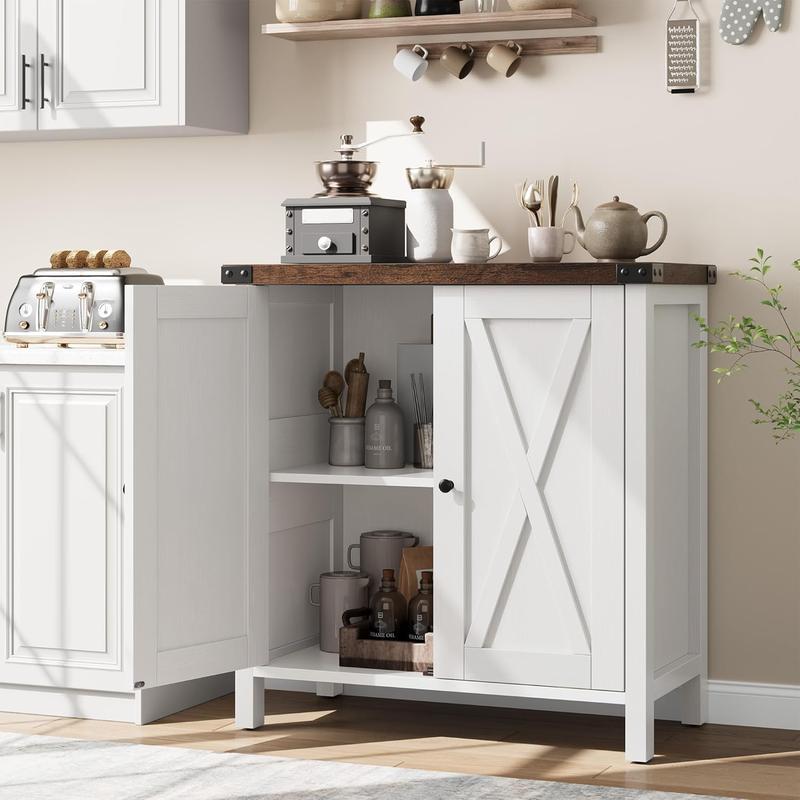 【GARVEE】Kitchen Credenza, Sideboard with 2 Doors, Living Room Credenza with Adjustable Shelves, Country House Style for Kitchen, Dining Room, 76 x 40 x 80 cm (White and Brown)