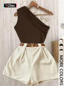 Contrast One-Shoulder Top & Pleated Shorts Matching Set - Ideal for Date Nights, Vacations & Brunch | Comfortable Two-Piece Set, Quiet Luxury Aesthetic- Trendy Baddie Outfit for Office & Going Out | Viral