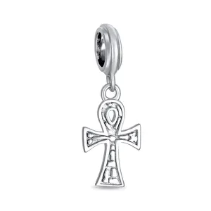 Sterling Silver Religious Key Of Life Egyptian Ankh Cross Dangle Charm Bead Oxidized for Bracelet