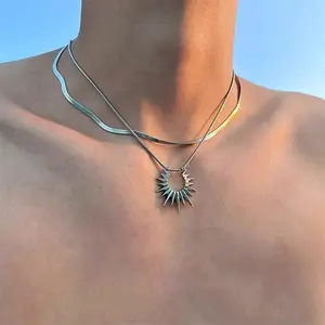 Silver double-layer titanium steel sun clavicle necklace for men to wear daily