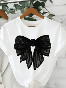 Shimmery Sequin Bow Print Graphic T-Shirt, Soft Cotton Casual Top for Home Wear, Y2K Aesthetic Trendy Short Sleeve Tee