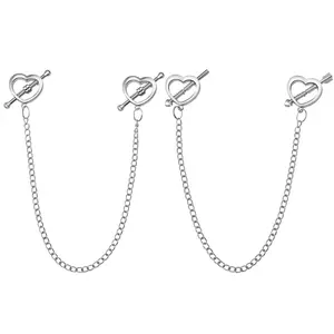 2 Pairs Fake Nipple Rings for Women, Non Piercing Stainless Steel Heart Nipple Chain with Spring Clip, Faux Nipple Piercing Body Jewelry with Dangle Pendant