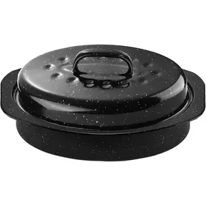 13Inch Roasting Pan, Enamel on Steel, Black Covered Oval Roaster Pan with Lid, Small Cookware for Turkey, Small Chicken, Roast Baking Pan.