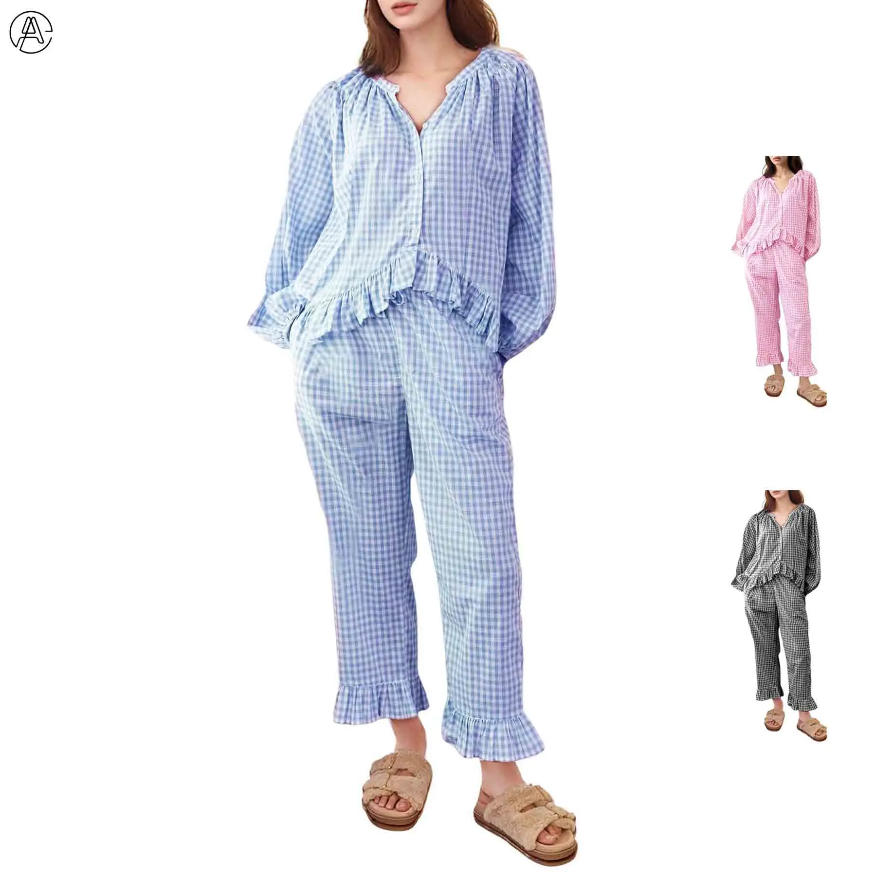 Arssm Women’s Gingham Plaid Pajama Set – 2 Piece Y2K Button Down Babydoll Shirt & Pants Lounge Outfit for Cozy Fall Sleepwear