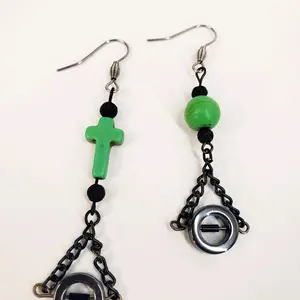 Female Hypoallergenic Dangle Earrings, Green Howlite Cross & Ball Design with Hematite O-Negative Circle, Goth Metal Dark Bohemian Chic Style Mode Fashion Earrings