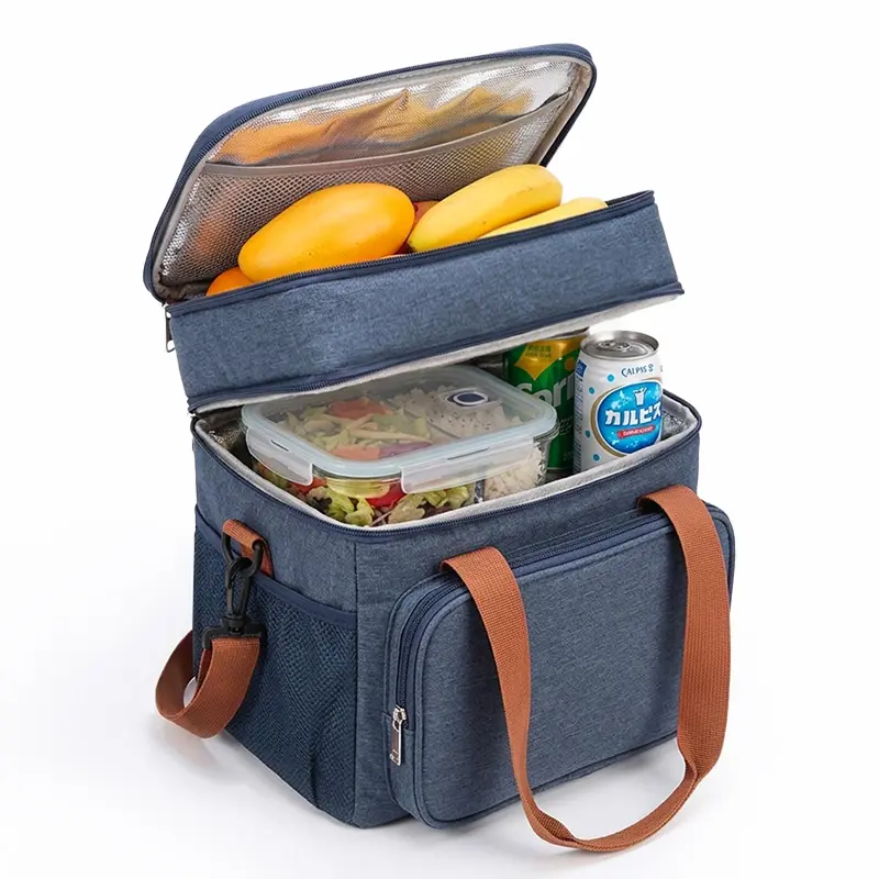 Double-Insulated Reusable Lunch Bag，Large Capacity Cooler Bag with Multiple Organizer Pockets, Metal Zippers & Detachable Shoulder Strap, Reusable Food Container Bag Can Holds Lunch Box/Water Bottle/Snacks