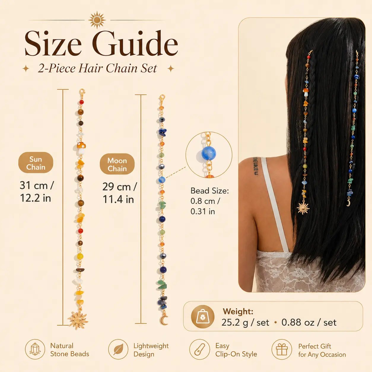 Women's 2-Piece Mystical Sun/Moon Hair Chain Set with Natural Stone Beads - Lightweight, Comfortable, Versatile, 29 cm, 31 cm, Celestial Design, Soft Feminine Vibe, for Girls, Teens, Daily/Special Occasions