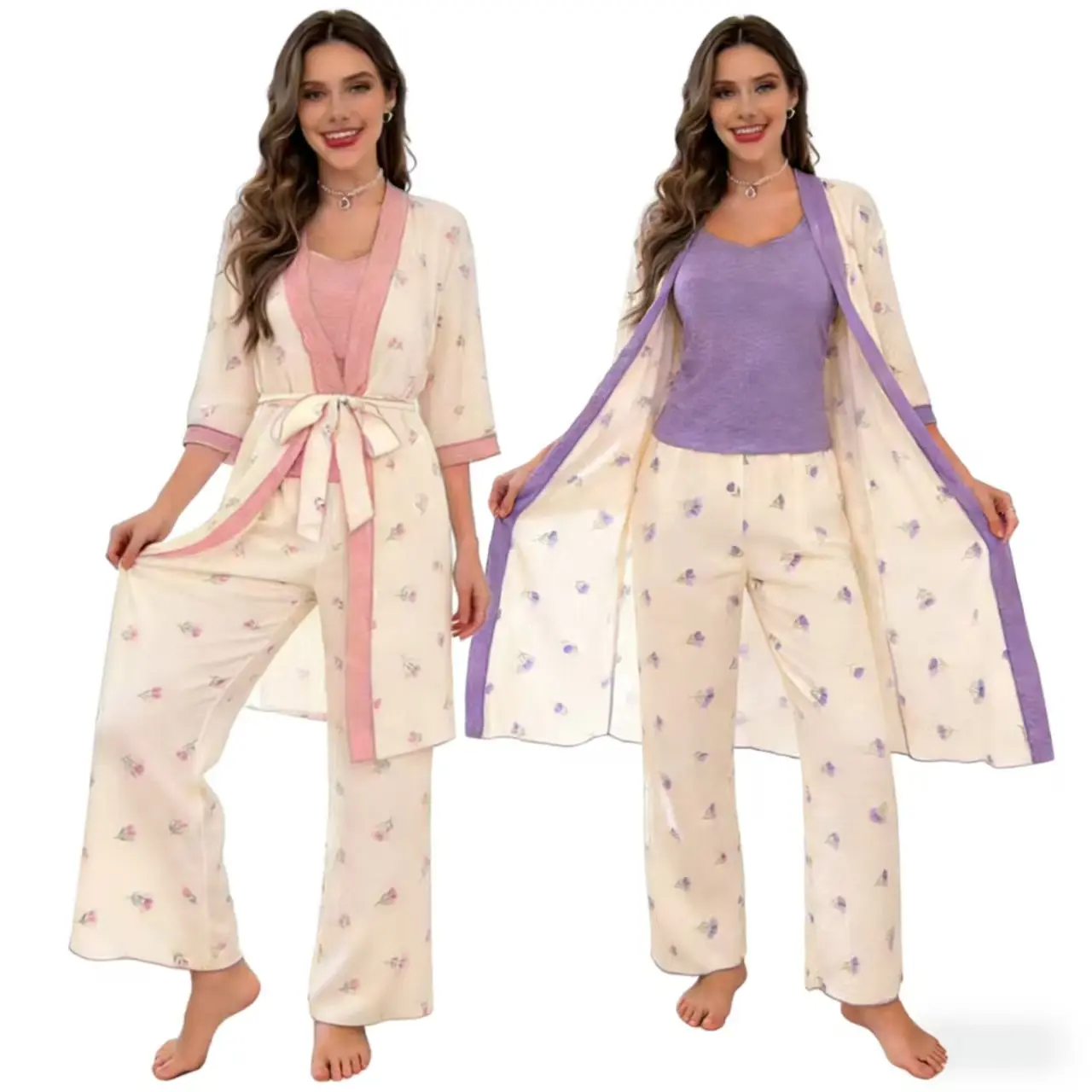 Women's Lavender Floral Pyjama Sets, 3 Piece Soft Loose-Fitting Loungewear with Robe, Cami and Pants, 3 Piece Set, Floral Pattern, Cute, Casual Wear, Soft And Cozy Robe, Complementary Floral Print Pants