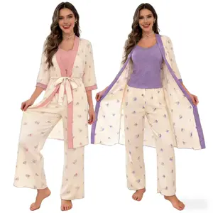 Women's Beige Lavender Floral Print 3 Piece Pajama Set Robe, Cami & Pants Sleep Set for Loungewear