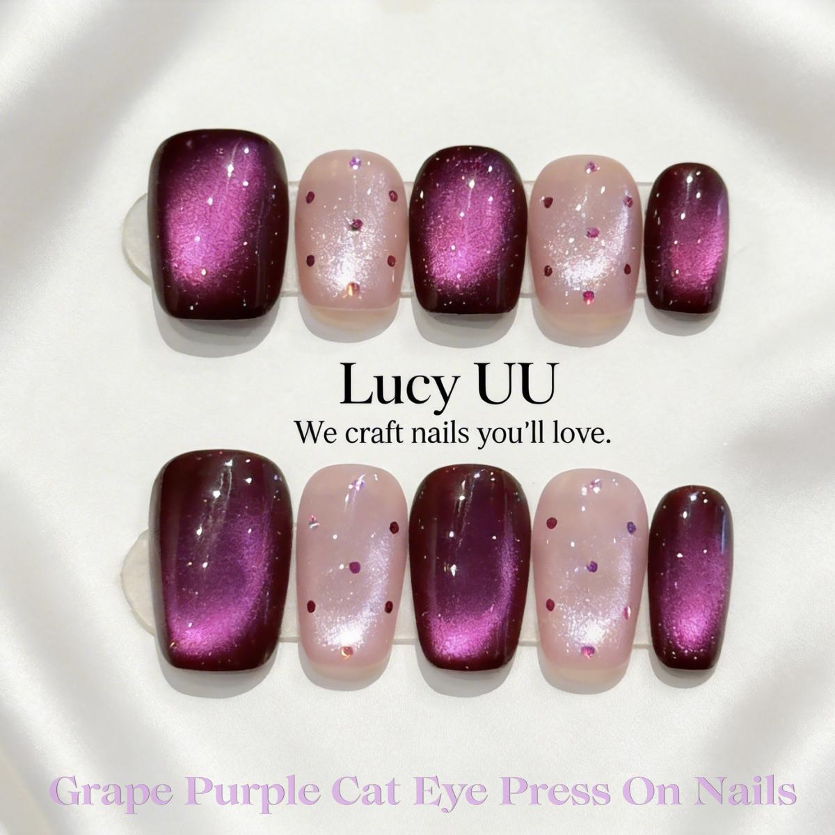 【Lucy UU】Gorgeous Grape Purple Cat Eye Press On Nails With Rhinestone Dots Short Square New Medium Square Shape Handmade Reusable Luxury Fake Nail For Women 【Lucy UU】Gorgeous Grape Purple Cat Eye Press On Nails With Rhinestone Dots Short Square New Medium Square Shape Handmade Reusable Luxury Fake Nail For Women