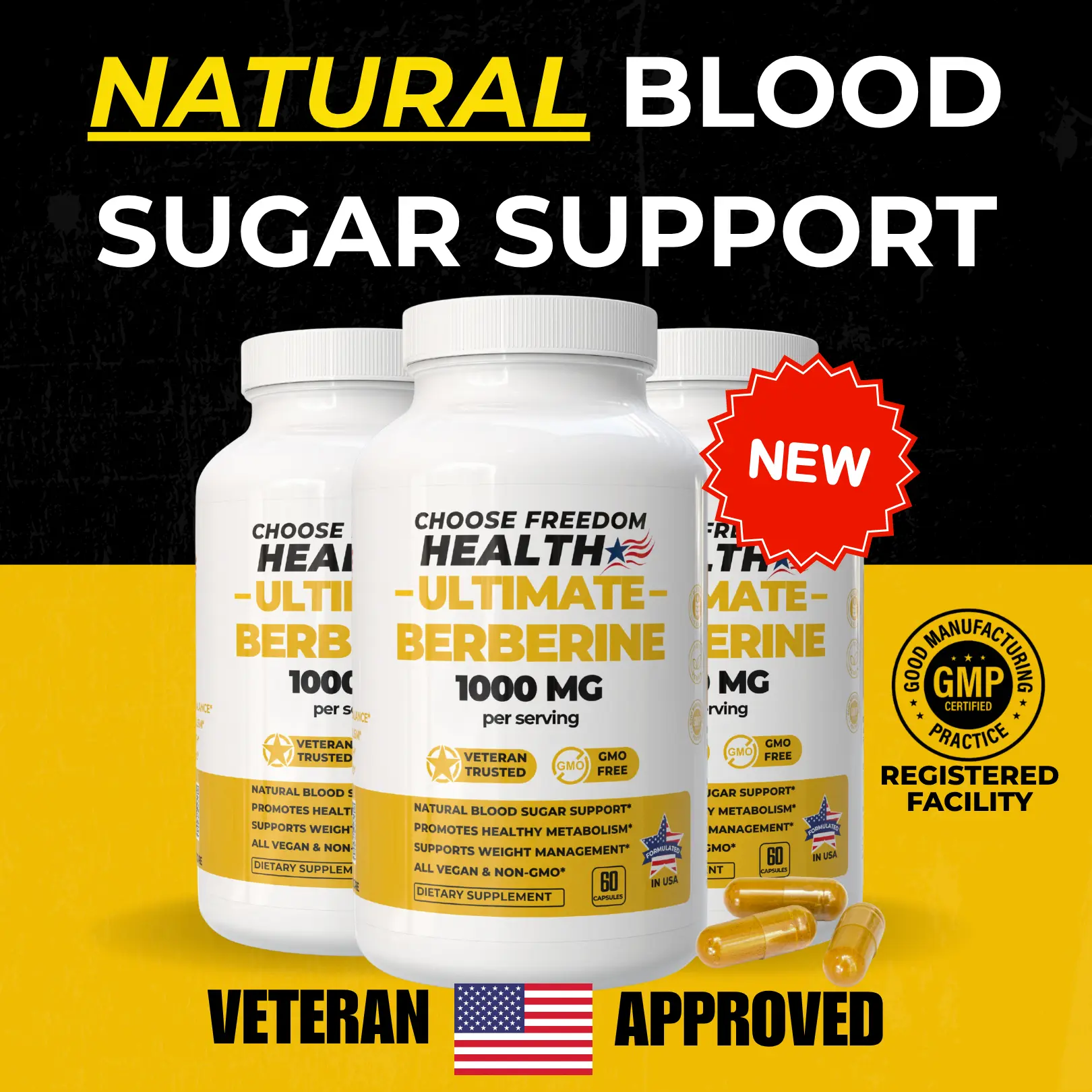 Berberine HCL 1000mg Supplement | Blood Sugar, Craving Control & Gut Szupport | 60 Capsules - Non-GMO, Vegan