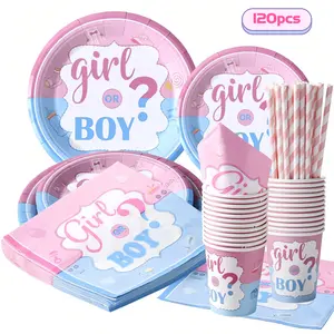 120pcs Baby Gender Reveal Party Supplies  Boy or Girl Disposable Napkins Cups Paper Plates for Baby Shower Decorations, Service 24,Party Cutlery Set Pink and Blue