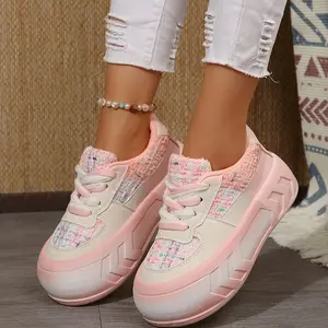 LISM Women'S Pink & White Checkered Casual Sneakers - Low-Top Lace-Up Walking Shoes with Textured Rubber Sole, Breathable Synthetic Upper, All-Season Comfort for Casual Attire, Versatile Walking Shoes |   Checkered Pattern |   Rubber Sole Sneakers