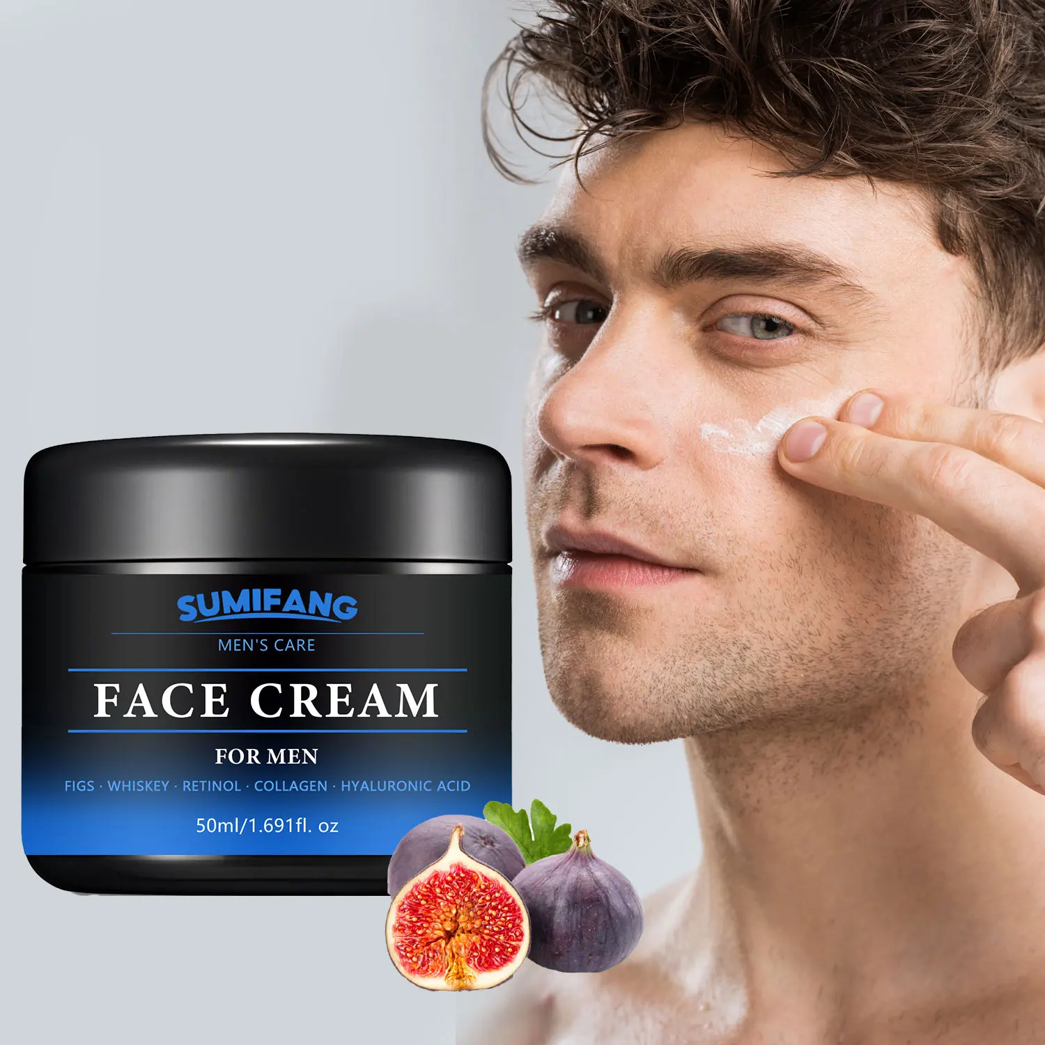50ml men's moisturizing facial cream, containing fig, whiskey, retinol, collagen, and hyaluronic acid.  Lightweight texture, suitable for all skin types. Leaves skin looking smoother and softer. Face Moisturizer Skin Care Moisturizers