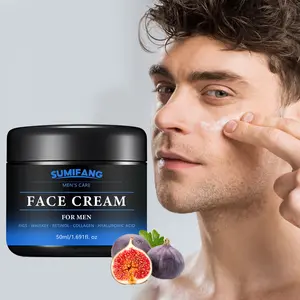 50ml men's Moisturizing Facial Cream, containing fig, whiskey, retinol, collagen, and hyaluronic acid.  Lightweight texture, suitable for all skin types. Leaves skin looking smoother and softer.