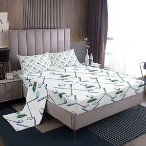 Golf Bed Sheets Golf Club Sheet Set,Sport Game Athlete Grass Leaf Branches Bedding Set for Men,Room Decorative Fitted Sheet,White Green Blue Flat Sheet