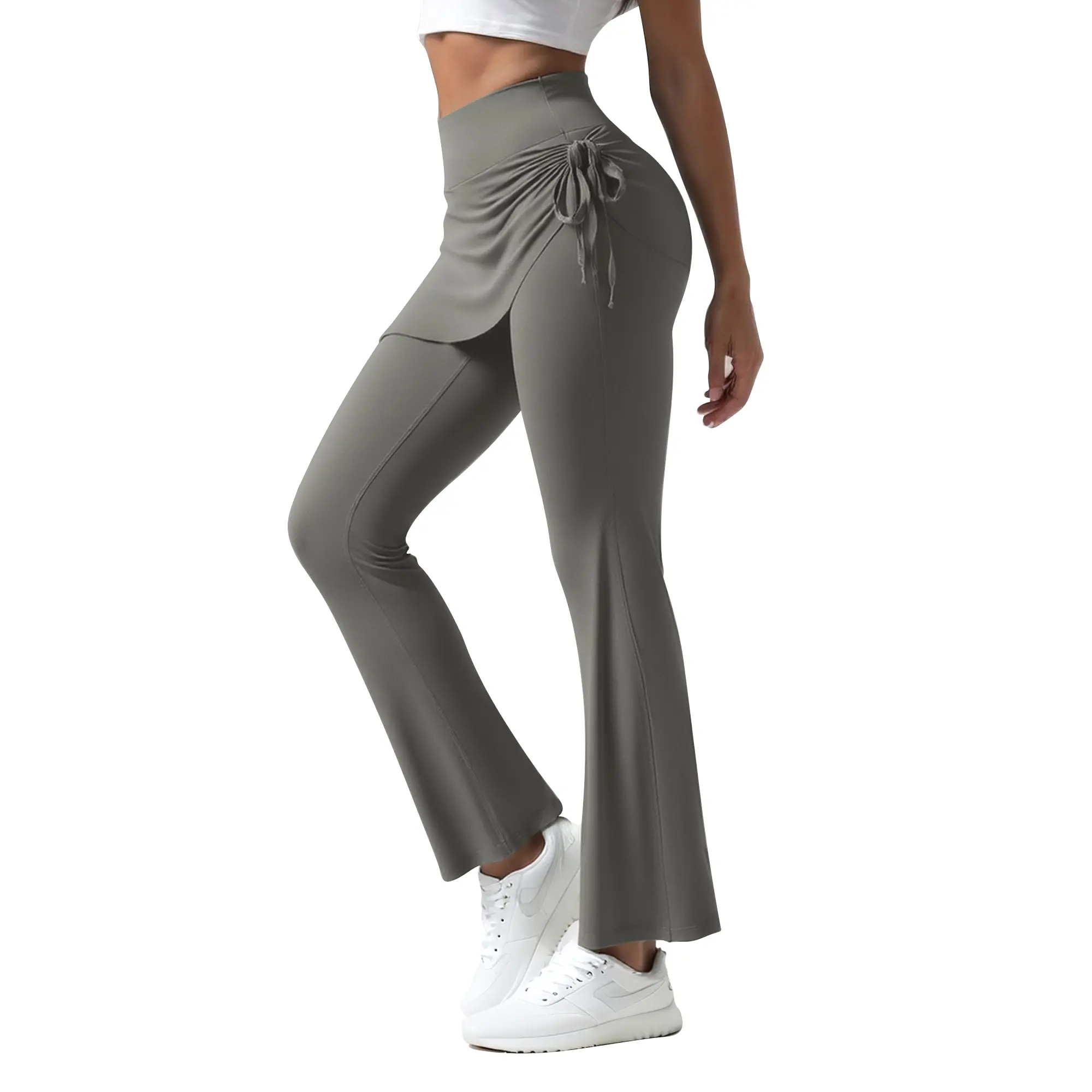 Skirted Leggings for Women Pickleball Yoga Tennis Golf Legging with Skirt Tummy Control High Waist Flare leggings vertical bell bottoms gray color，High,Waist,Yoga,Pants,with,Pockets