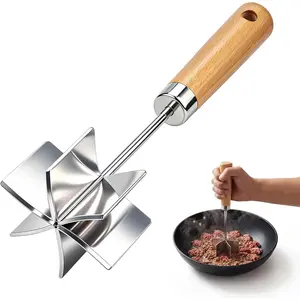 Upgrade 304 Stainless Steel Meat , 6   Beef Masher with Wooden Handle, 11 Inch  Masher, Hamburger Smasher, Mix and Chop Kitchen Tool for Taco Meat