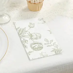 50-Pack Paper Dinner Napkins 2-Ply White with Matte Sage Green French Toile Floral Pattern - Soft Disposable Party Napkins