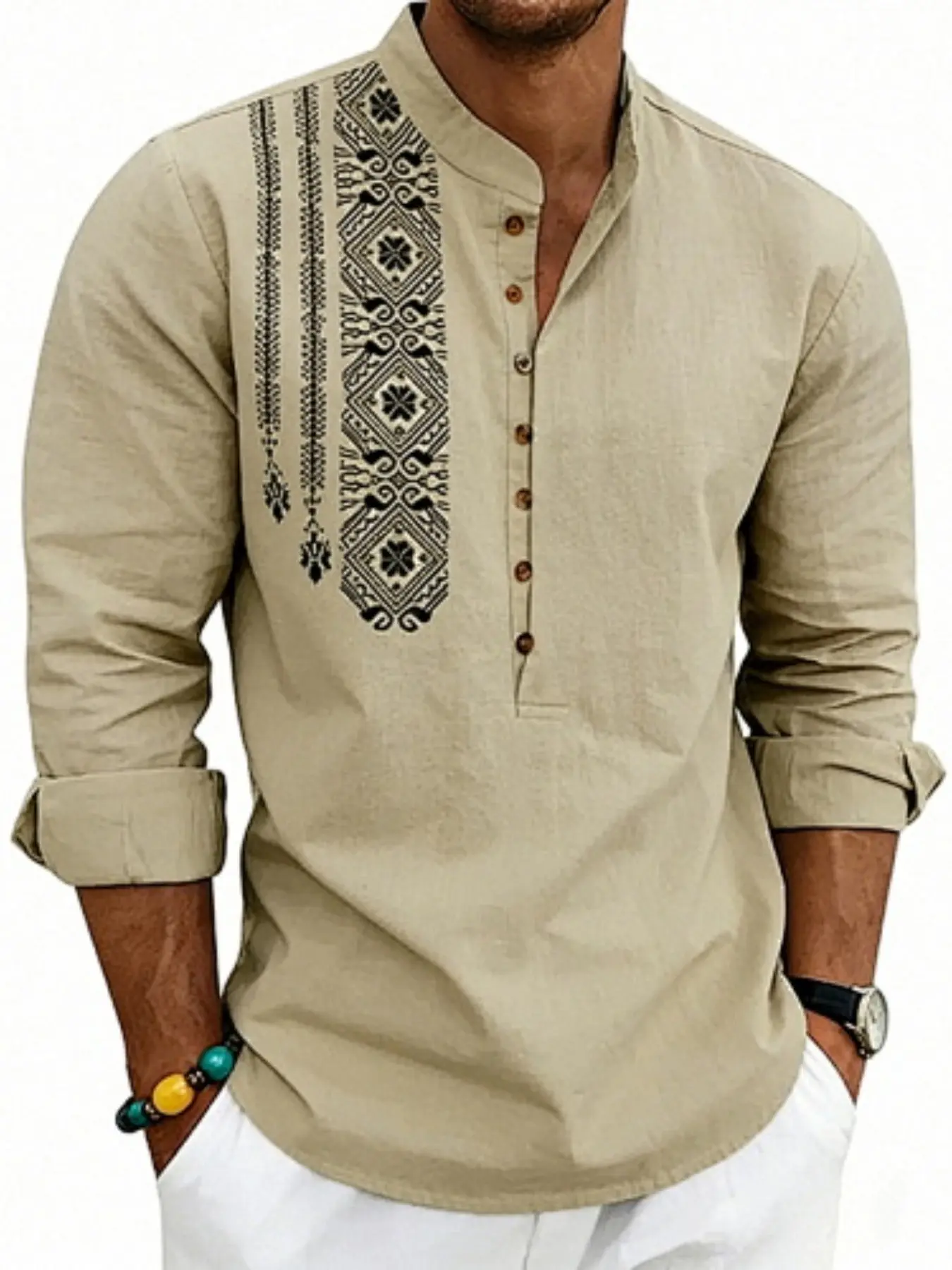 Long Sleeve Linen Boho Loose Fit Shirt, Breathable Henry Button Front, Casual Fitted Top, Plain Surface, All Seasons Wear, Casual Breathable Shirts