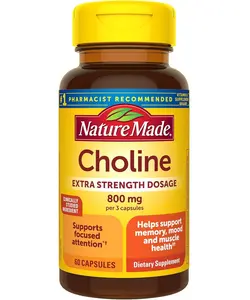 Nature Made Extra Strength Dosage Choline Supplements 800 Mg Per 3 Capsules, Brain Health, Mood, Muscle & Liver Support, Vegetarian, 60 Capsules, 20 Day Supply