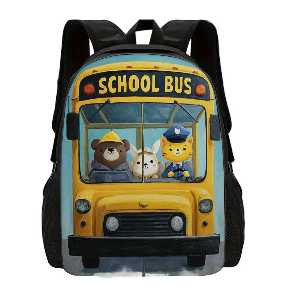 1pc Cute School Bus & Animal Crew Backpack - Lightweight School Bag with Adjustable Straps, Polyester Bookbag Suitable for School, Travel, Play - Youth Fashion Backpack with Bus Driver & School Bus Design, 2D Flat