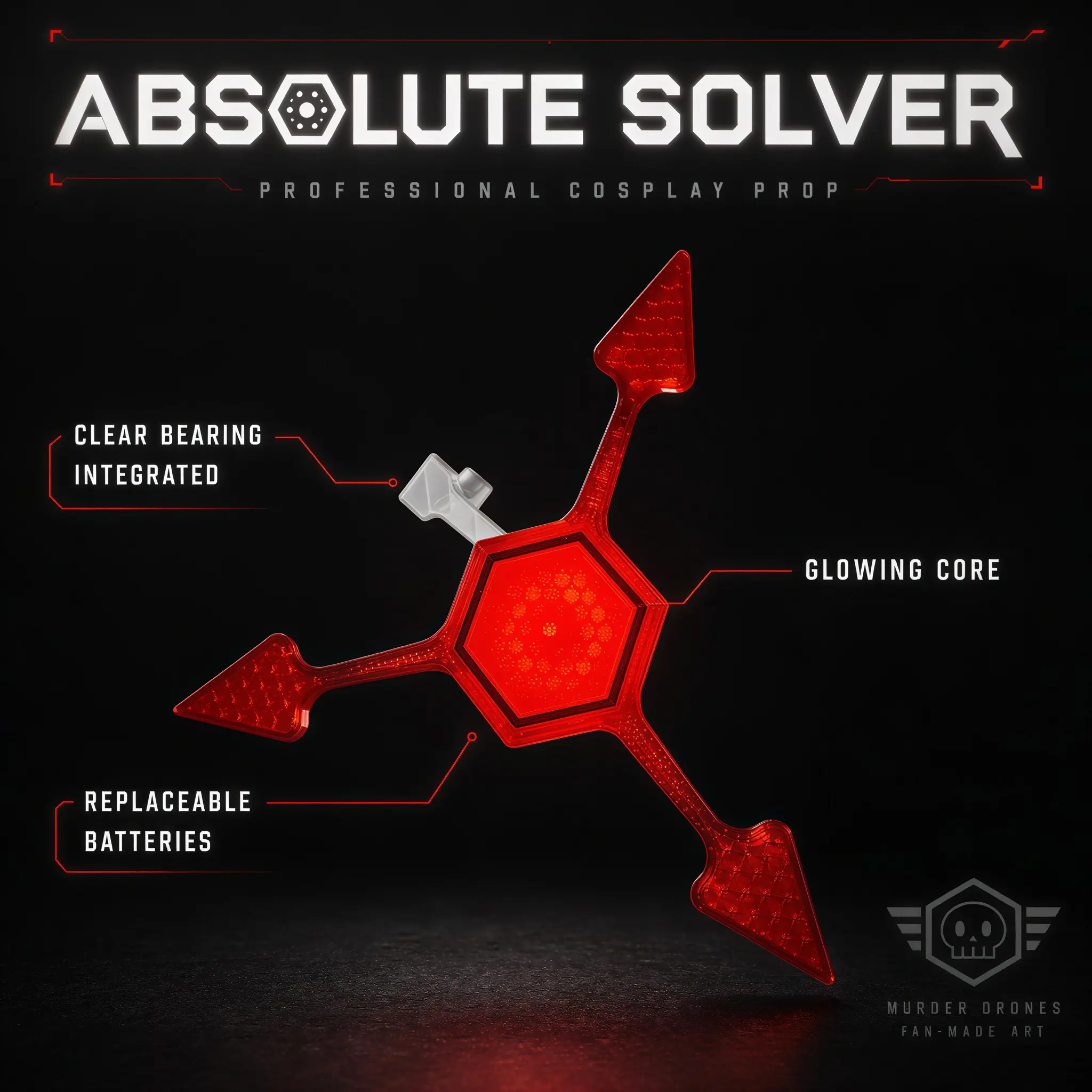 Solver Absolute Solver Spinning and Glowing Fidget 3D Printed with Metal Bearings Replaceable Batteries Professional Cosplay Prop for Murder Drones Fans