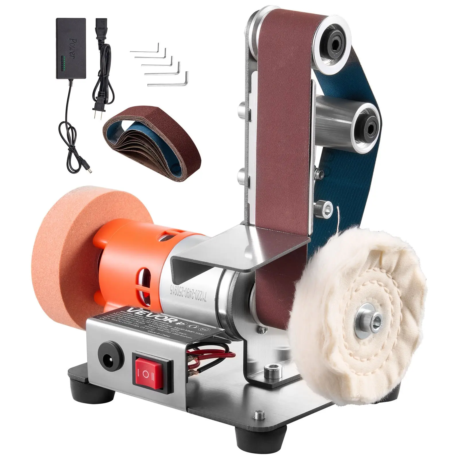 VEVOR 3-in-1 Mini Belt Sander, 13x 1.2 Sanding Belt, 2.75 Grinding Polishing Wheel Combo, 7-Speed Adjustable with Forward/Reverse Control for Woodworking, Jewelry Making, Knife Sharpening