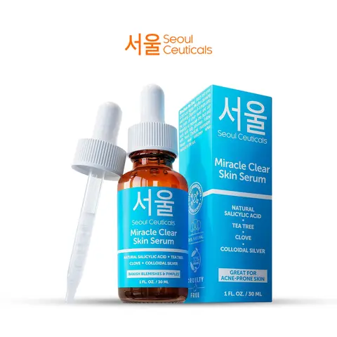 Miracle Clear Serum - SeoulCeuticals Korean Acne Treatment Evening Serum, Skin Care Treatment for Sensitive Acne Prone Skin - Rapid Action Salicylic Acid, Tea Tree & Clove For Even Skin Tone